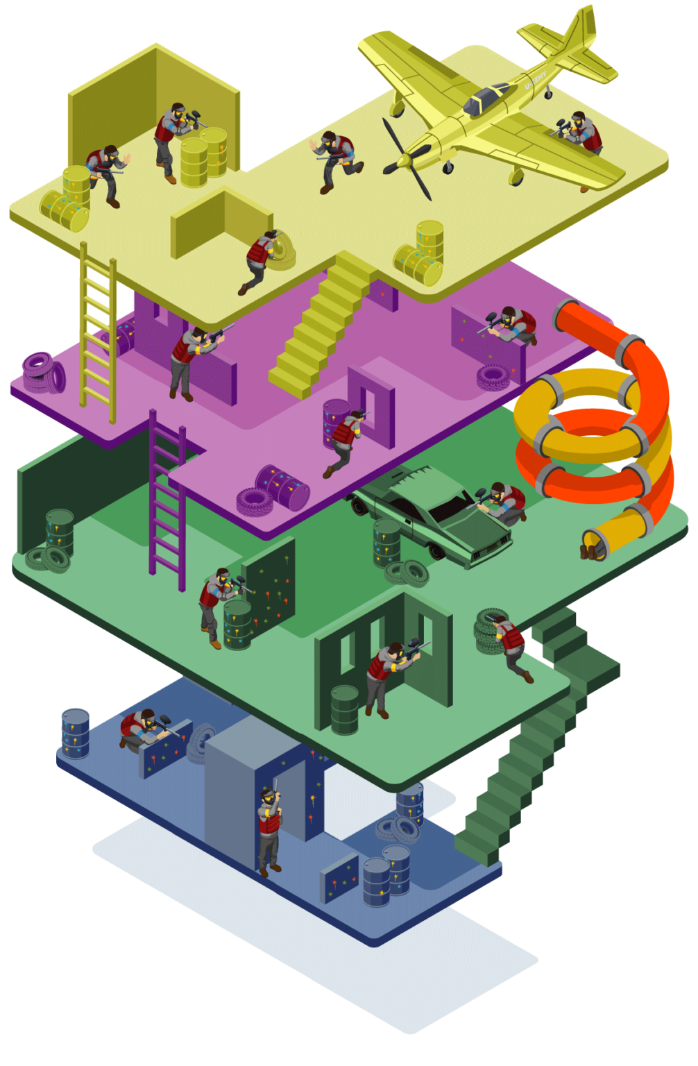 Paintball riesiges Spielfeld auf 4 Stockwerken paintballfarm.ch